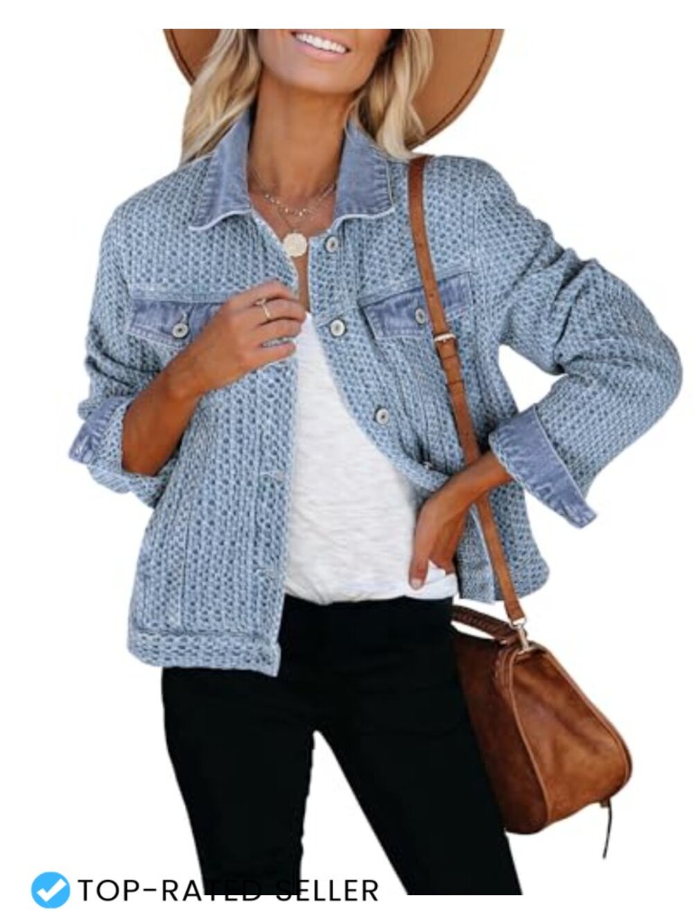Distressed Button Down Long Sleeve Denim Jacket with Pockets - Picture 1 of 6